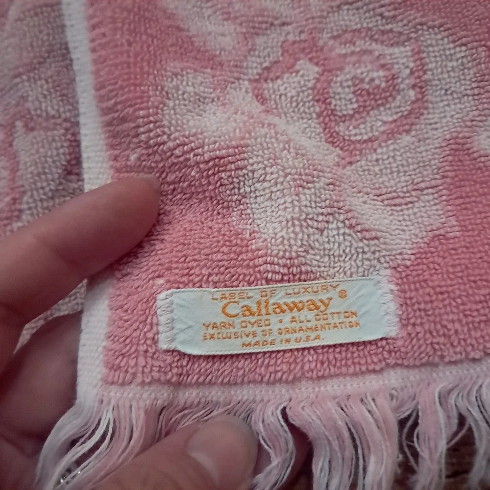 Vintage Callaway‎ Towels Pink Rose Floral hand bath fringe USA pastel reversible